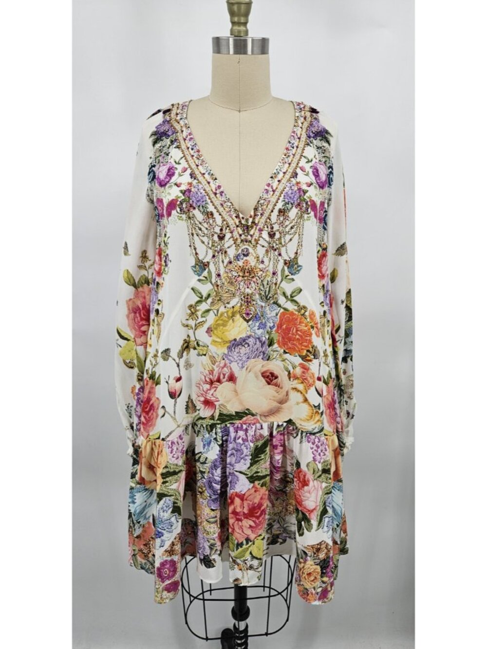 Camilla Sew Yesterday V-Neck Blouson Sleeve Mini Dress Womens XS Silk Crystals - Picture 3 of 12